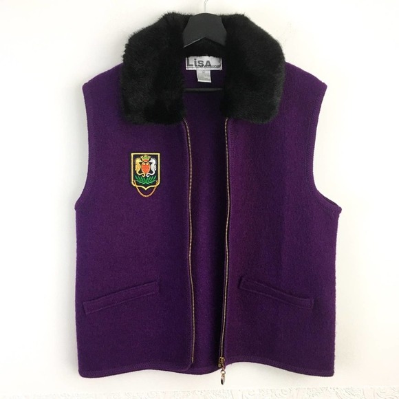 Vintage purple boiled wool vest faux fur collar women's Large crest patch - Picture 7 of 10